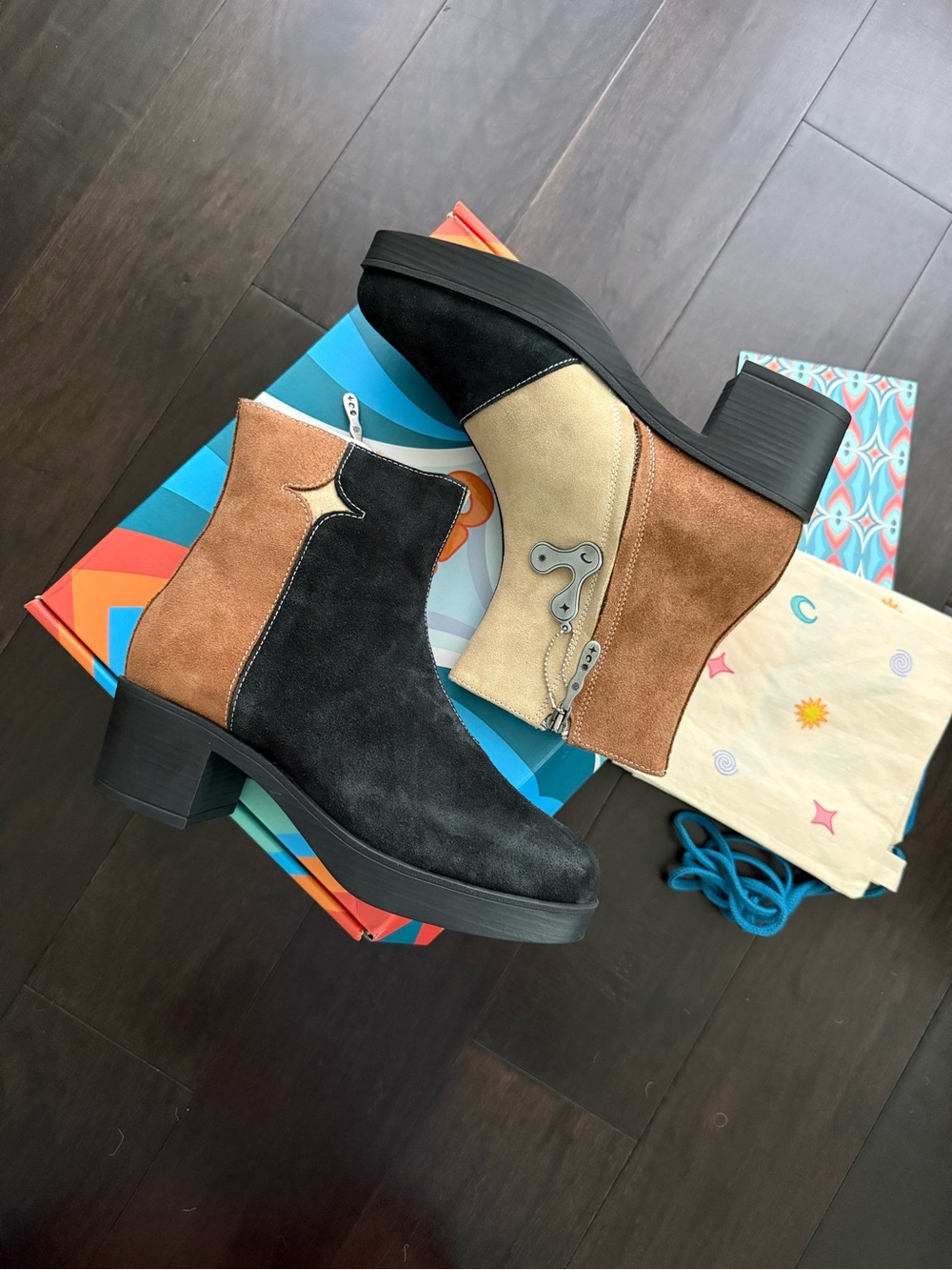 LAZO LUNA Women’s Suede Colorblock Ankle Boots - Black, Tan, Brown